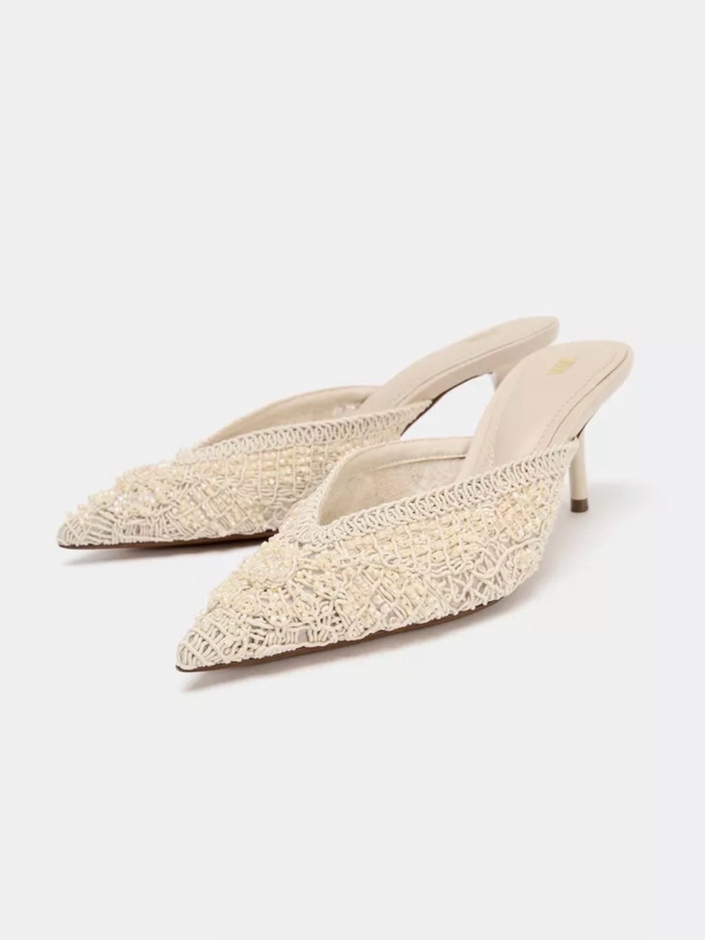 Zara Cream Beaded Pointed-Toe Mule Heels